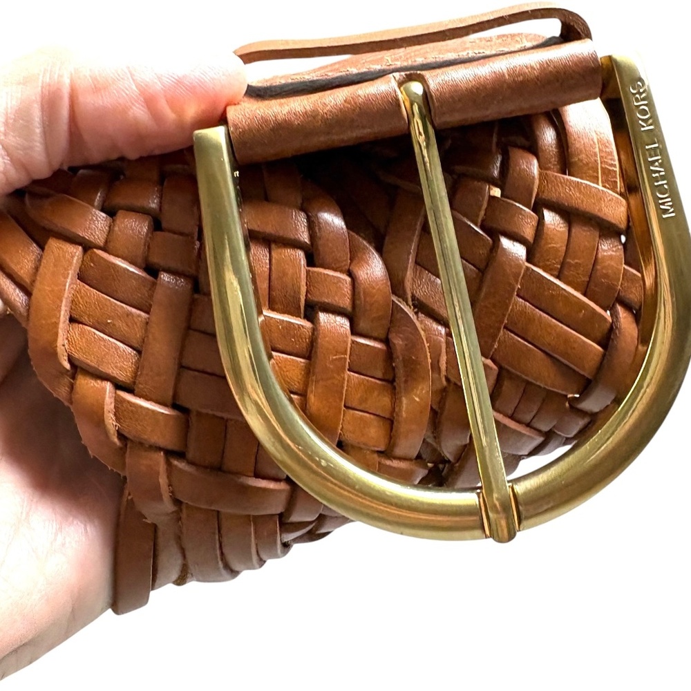belt S/M tan MICHAEL KORS 2.25" wide brass buckle braided leather UP to 34"